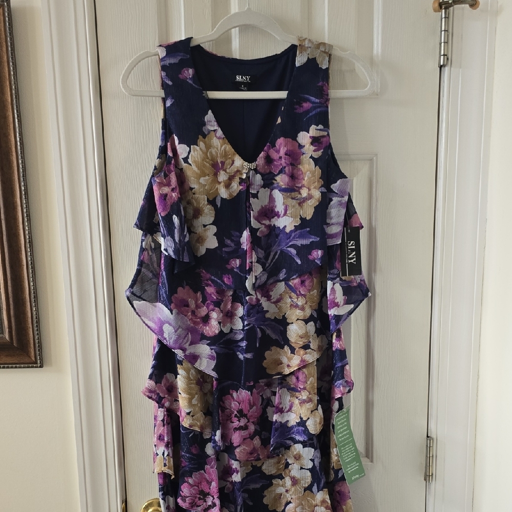 SLNY BRAND WOMEN'S FANCY SLEEVELESS RUFFLED LINED SHORT DRESS SIZE 8